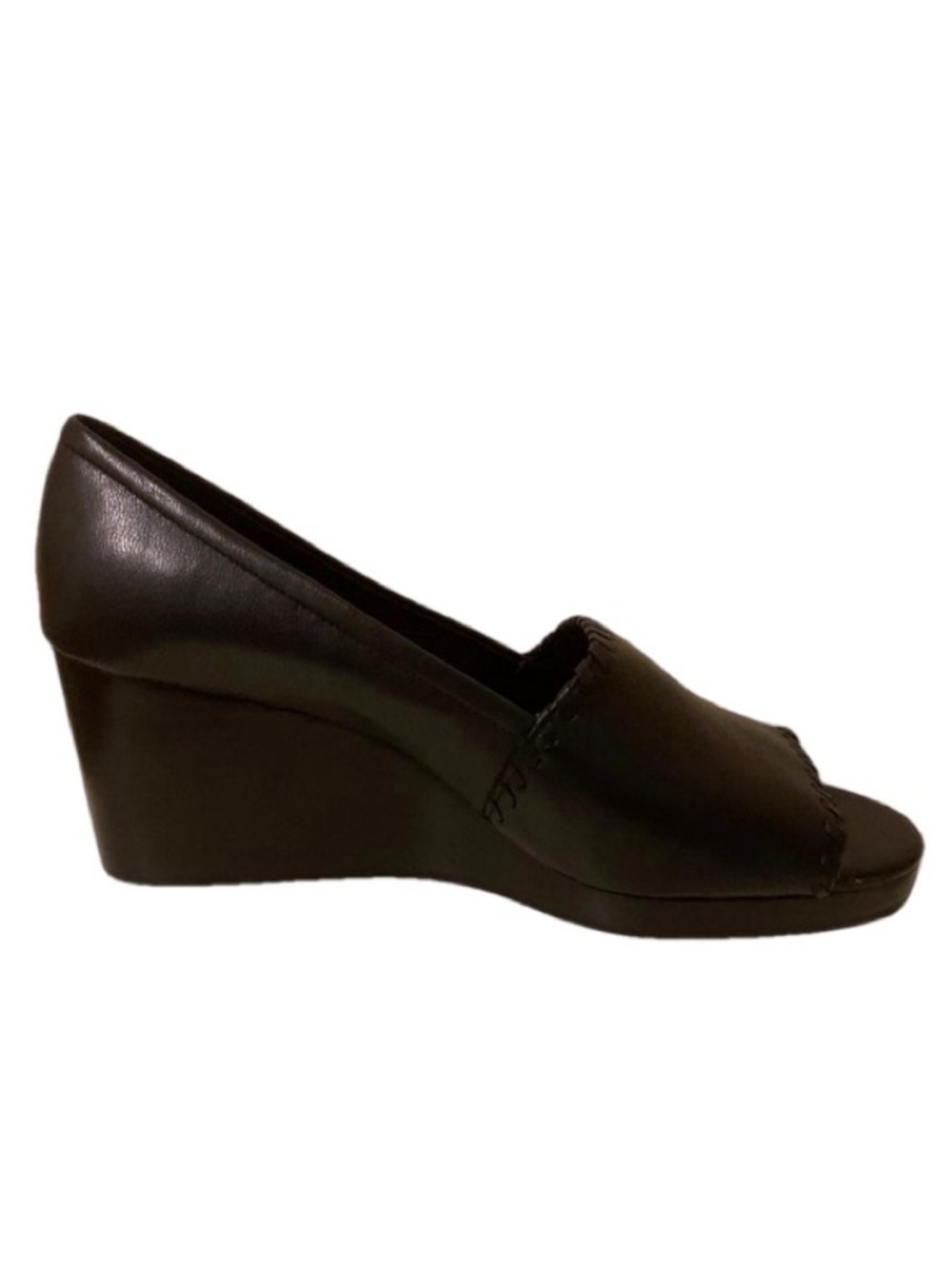 Jack Rogers Palmer Black Leather Stacked Wedge Sandals Whipstitch Trim - Picture 7 of 9
